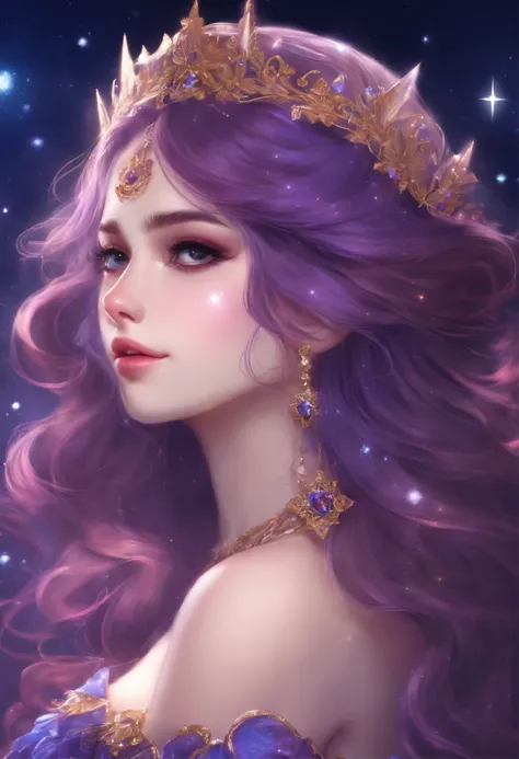 Chica anime con cabello rosa y morado, con ojos azules y un vestido con adornos de estrellla