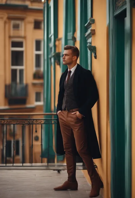 Normal man in social clothes on a balcony of a building in the day leaning against the balcony in self