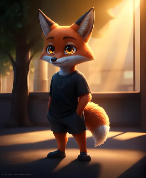 uploaded on e621, sharp image, big eyes, anthropomorphic fox, chibi, wear black shirt, (full body) ultra high resolution, detailed shadows, perfect lights and shadows, concept art, professional work, pixar, vibrant, highly detailed, Description: long shot,...