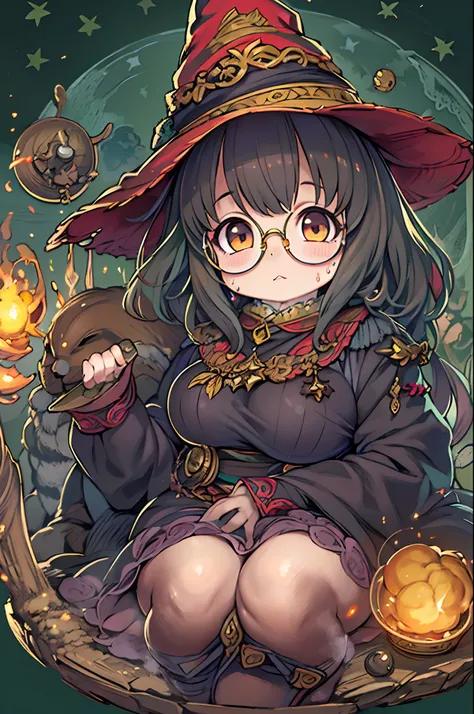 Fantasy,magic power,Realistic Girl Witch、Chibi、bbw、Anime style、Round glasses