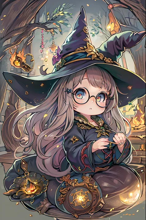 Fantasy,magic power,Realistic Girl Witch、Chibi、bbw、Anime style、Round glasses