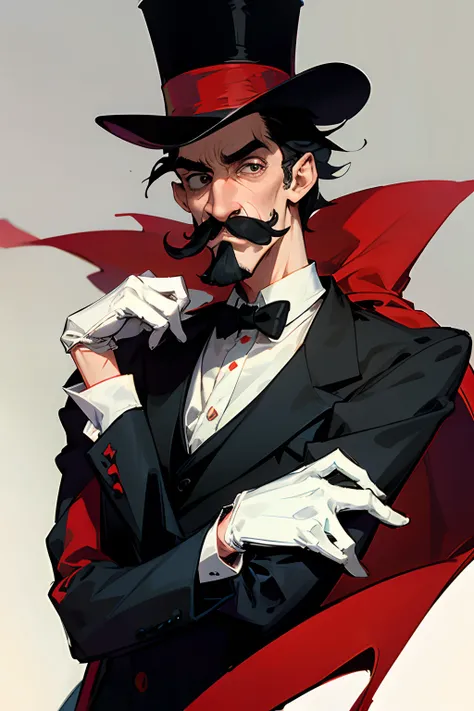 ugly old man, huge nose, pointy nose, long nose, black hair, moustache, top hat, tuxedo, red cape, white gloves, lanky, skinny m...