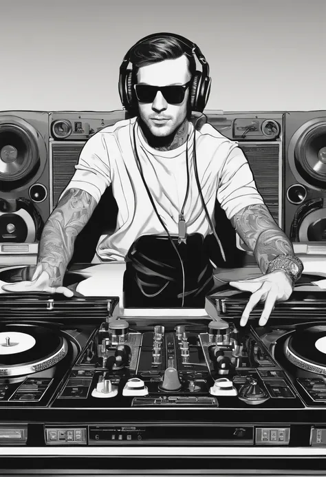 a black and white drawing of Jack Nicholas DJing behind two turn tables