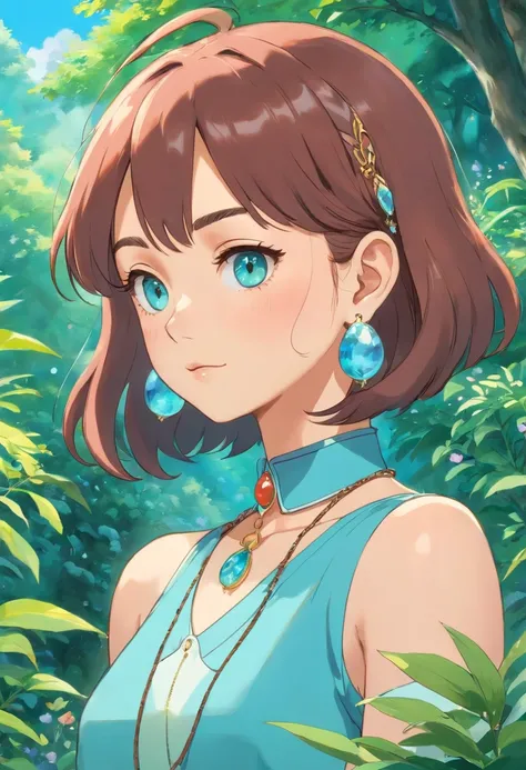 a girl wearing an anime collar, a long necklace and earrings, in the style of tranquil gardenscapes, colorful animation stills, masami teraoka, aquamarine, paul gauguin, Embry style, honest portrayal