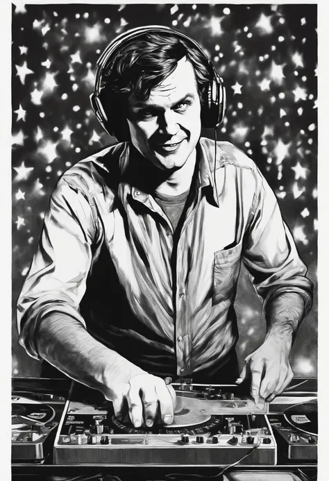 a black and white drawing of Jack Torrance from The Shining with a crazy look and messy hair DJing behind two turn tables