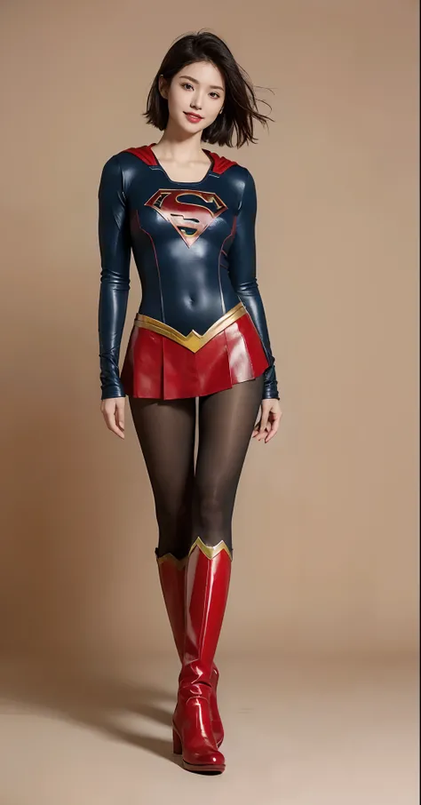 (((Wear black tights on your beautiful legs.)))、(((Grow legs、tall、beauty legs)))、(((facial expression of smile)))、((((Make the most of the original image)))、(((Supergirl Costume)))、(((Beautiful short hair、The hair)))、(((Suffering)))、(((Feet must necessaril...