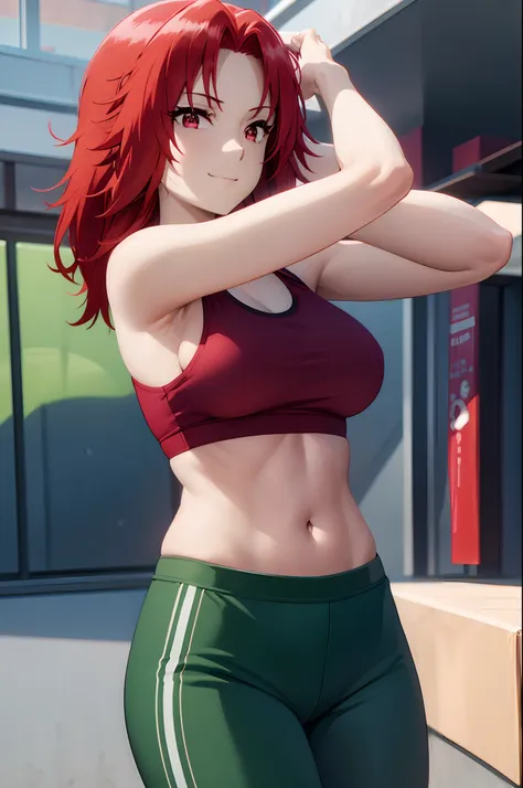 red hair, red eyes,masterpiece, best quality, photorealistic, yujiasuit, yoga sports bra, yoga pants, 1girl, solo, , yoga ball, pants, looking at viewer, smile, green sports bra, simple background, , midriff, long hair, breasts, green pants, sportswear, ta...