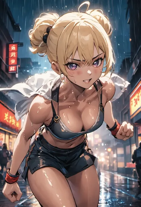 Closeup photograph, confident young Chinese woman with blonde and white hair in a bun, wearing a cosplay, in a rain soaked street at night, photorealistic, cinematic lighting, muscular