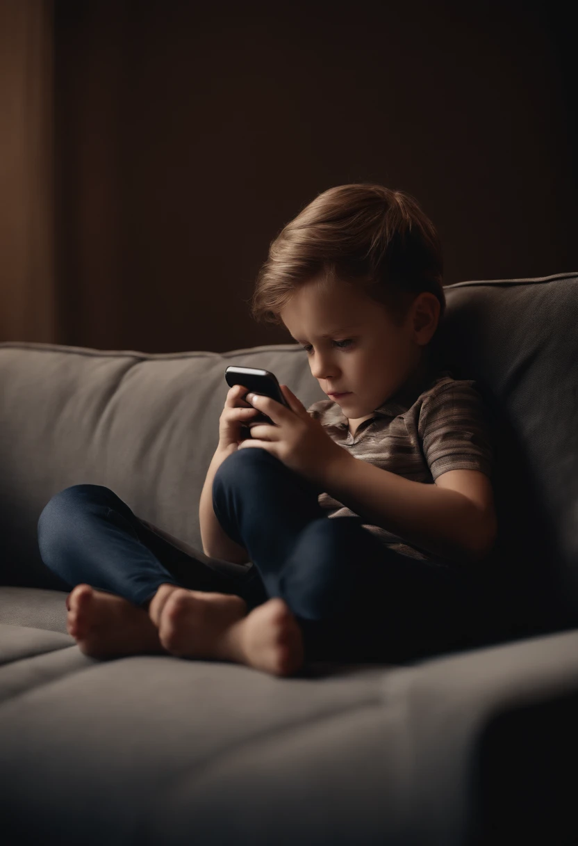 5 year old child, sitting on the sofa, playing on his cell phone, with his glassy and red eyes staring at his cell phone. Highly realistic image.