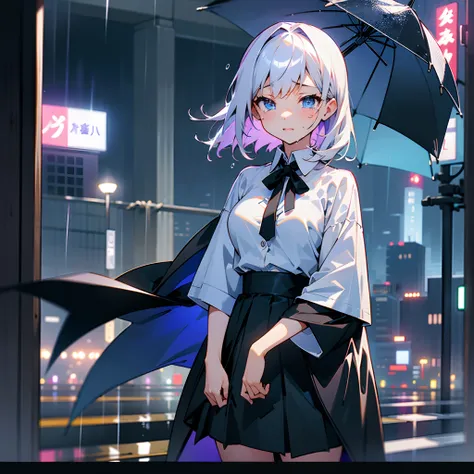 Rainy nights、An urban area lined with buildings、Late Night Tokyo、Standing Girl、Black coat、white t-shirts、a black skirt、White lob hair with blue-violet mesh、Blue eyes with highlights、Crying、B cup breasts、Beautiful illustration