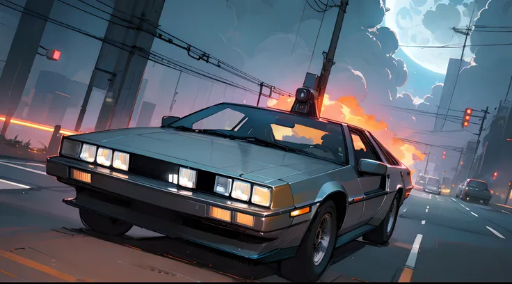 speeding away delorean, behind car fire trail、headlight、cyber neon city、Cinematic scenery、Ghibli、Big Moon、Clouds, masterpiece, Best Quality, Sketch style, high detail, 8k cinematic, style thomas kincaid painting