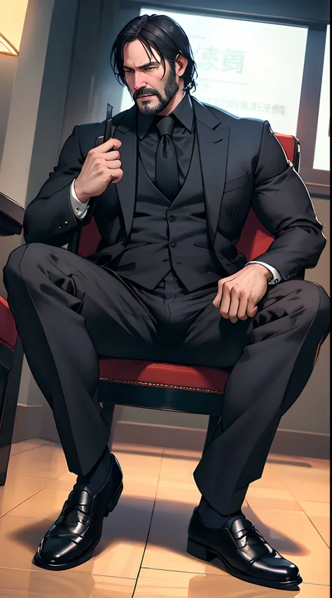 John wick, Relaxed sitting on chair, manspreading, dressed, full body, bulge focus, angry face, low angle, front, Wide Legs, angry face