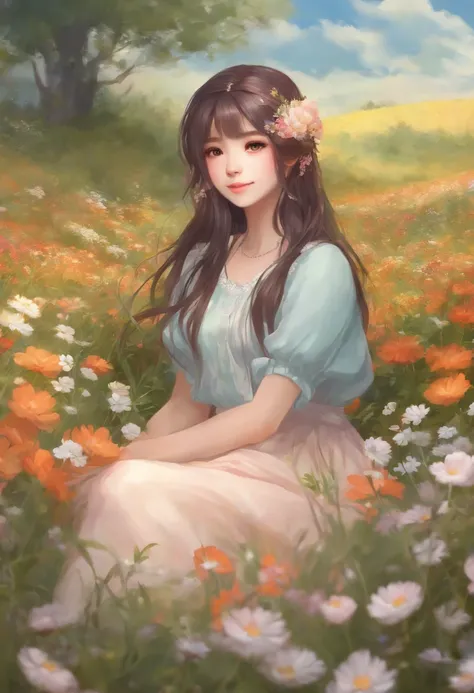 18s anime style anime girl sitting in a field of flowers and looking at camera, sonriente. color pastel