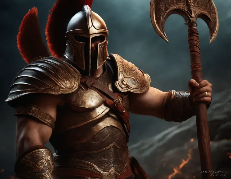 Create an image that depicts Ares, the god of war, with his armor and spear.