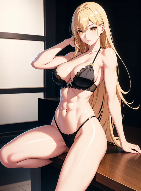 ((((masuter piece、top-quality、Long body、a blond、muscular body、large full breasts、Split abs、Pure white skin、Crouching regime、an lingerie、maikurobikini、M-shaped legs、laying on back、Beautiful abs、Golden hair、yellow  eyes、Athletes body、)))、(((Shyness)))、Realis...