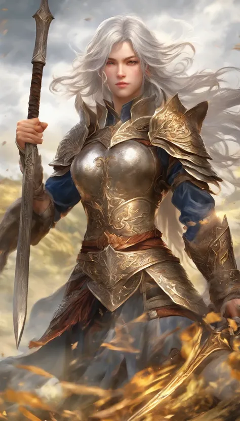 detailed armor, golden and black engraved metallic armor, intricate designs on the armor, intricate armor engravings, imposing and powerful stance, fierce , flowing short white hair, dynamic pose, intense battle scene, fantasy setting, vibrant colors, dram...