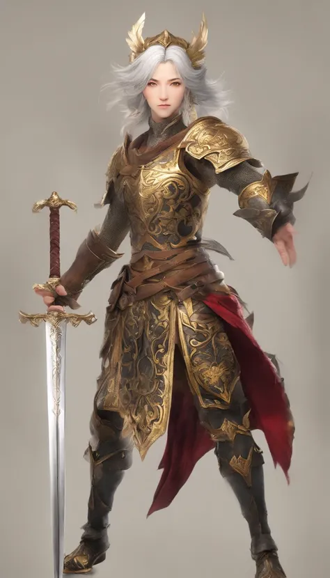 detailed armor, golden and black engraved metallic armor, intricate designs on the armor, intricate armor engravings, imposing and powerful stance, fierce , flowing short white hair, dynamic pose, intense battle scene, fantasy setting, vibrant colors, dram...