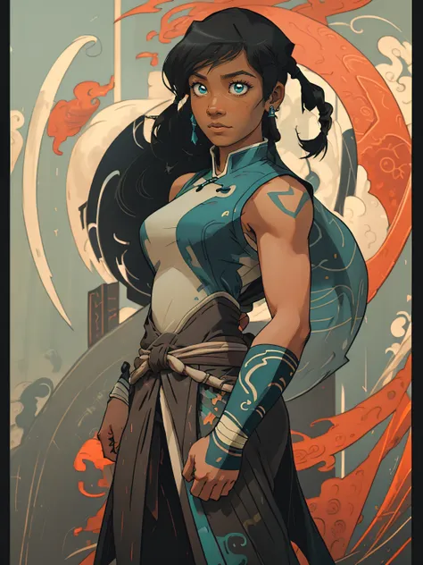 1girl, solo, (masterpiece), best quality, ultra-detailed, Korra from Avatar, Retro style, full body. fashion cloth, fancy. avatar mode, darker skin