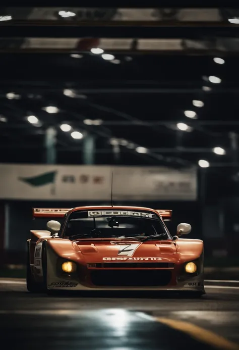 Create a portrait of a Japanese racing car from the 70s, realizando drift em uma pista de asfalto durante a noite