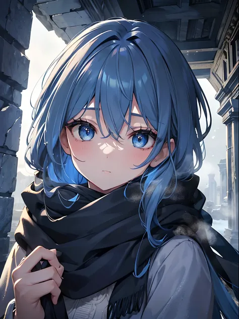 (masterpiece,best quality,ultra-detailed),1girl,medium long hair,blue hair,vibrant color hair,sweter,scarf,beautiful and detailed face, detailed eyes,in a ancient ruin of black stone,cloudy, night,(grey theme),looking at viewer,(winter,snow)