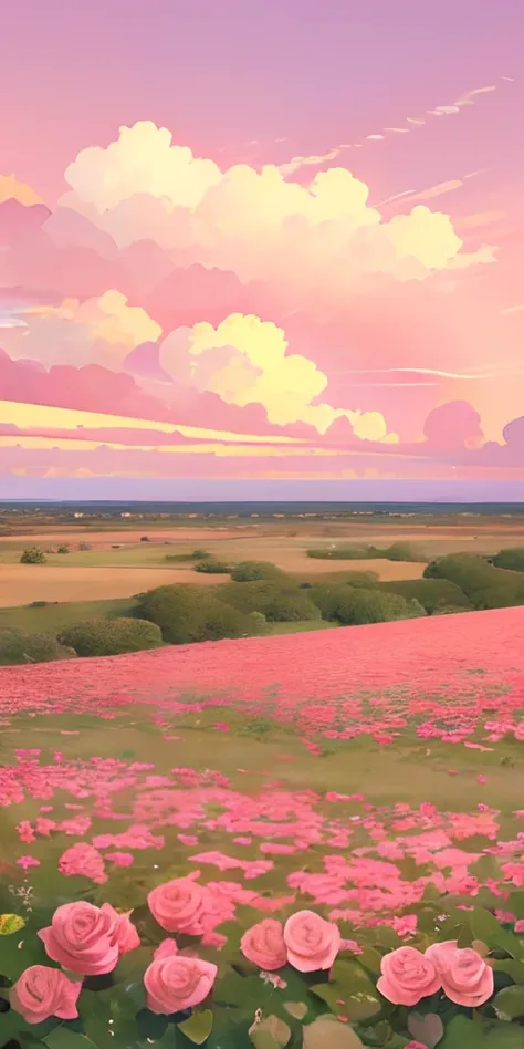 Summer, desert, pink clouds, a land overgrown with roses, James Gurney, art station rendering, ultra-wide lens, high definition