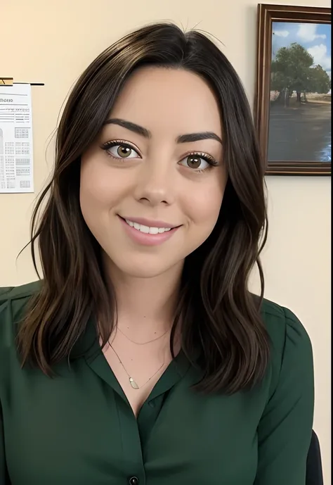 masterpiece, lifelike full body image of AubreyPlaza, wearing a green blouse with the top button missing, photo realistic, highly detailed, detailed face, forced smile, fake smile, looking scared like she’s being threatened, dramatic lighting, detailed eye...