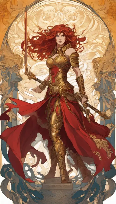 Tall muscled defined arms woman, barbarian, detailed armor, red and gold engraved leather armor, intricate designs on the armor, intricate armor engravings, imposing and powerful stance, fierce expression, red wild mane braided hair, dynamic pose, intense ...