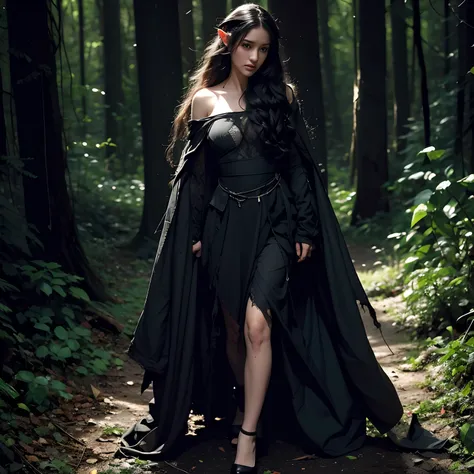 the Woman, long curly hair, black hair, All black eyes, dark background, sadness, dark background, Forest, Torn clothes, elf ear, elf, adult, full body ,Walking through the forest