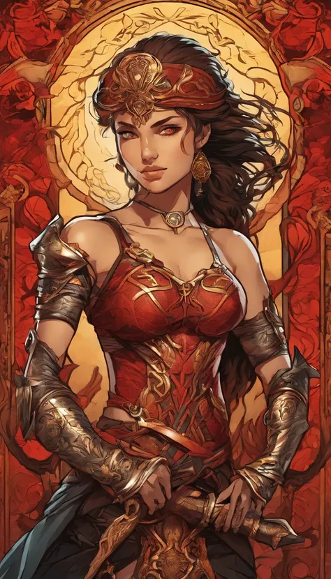 Tall muscled defined arms woman, barbarian, detailed armor, red and gold engraved leather armor, intricate designs on the armor, intricate armor engravings, imposing and powerful stance, fierce expression, red wild mane braided hair, dynamic pose, intense ...