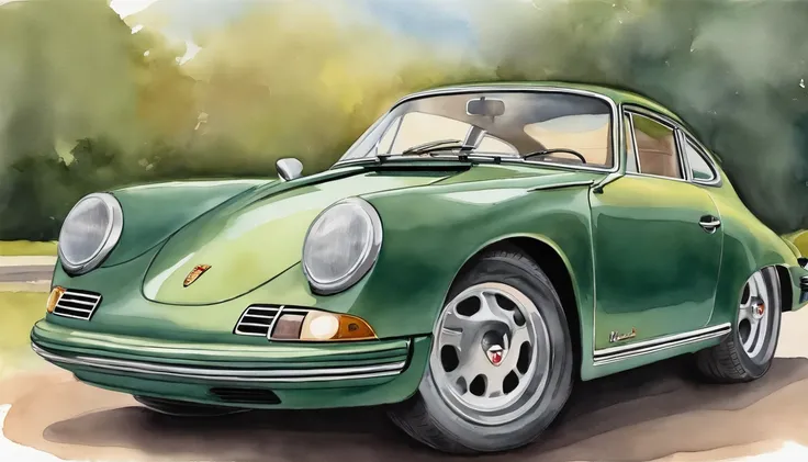 The back of a classic porsche is painted in watercolor, used for the bride and groom on their honeymoon, in a funny cartoon style, often used on wedding invitations