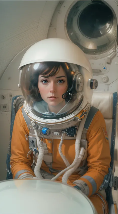 ((Best quality)), ((Masterpiece)), ((Realistic)), Color film 35mm 1976, Pulp sci-fi, director：Fred Wilcox, A female astronaut photographed on a Mitchell BNC camera, Sit in a chair with a glass dome overhead, Astronaut helmet,analog photograph, author：Stanl...