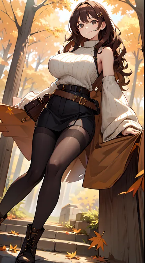 masterpiece,best quality,ultra detailed,8k,tall,big female,gigantic breasts,young,20 years old,medium hair,wavy hair,brown hair,hairclip,happy,smile,brown sweater,ribbed sweater,bare shoulders,detached sleeves,belt buckle,black tights,boots,strapless,fall ...