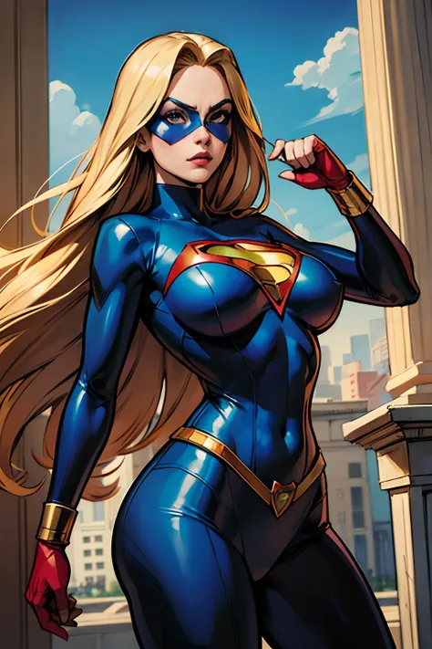 Inspirada na arte de John Romita Sr,1 young superheroine with long blond hair, Blue eyes covered by an emblematic mask, middlebreasts, cintura delgada, usando uniforme personalizado colado ao corpo, cor do uniforme vermelho e amarelo, superheroine call "Ch...