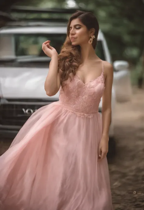 One wears a pink-pink slip dress， Delicate slip dress，The skirt is full of bear motifs，No one is out of the country, no one is out of the country，vogue photography，hyper HD，Master masterpieces，Sony SLR lens，Close-up，A meticulous face，A bit rough skin，Poste...