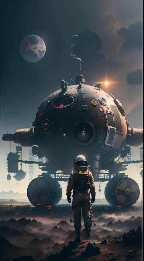 (Best quality,4K,8K,A high resolution,Masterpiece:1.2),(Realistic,Photorealistic,photo-realistic:1.37),Astronaut,Steam punk,film-noir,Otherworldly,Vivid colors,Dreamlike,Sci-fi,subtly lit,Atmospheric,view of the cosmos,Steam-powered machinery,Ethereal,haun...