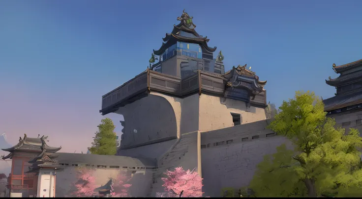 ((masterpiece)), (8k, high_resolution), (best quality),there is a clock on top of a building with a tree in front of it, ancien chinese tower, beautiful render of tang dynasty, temple of the sun, mysterious temple setting, ancient silver tower of the moon,...