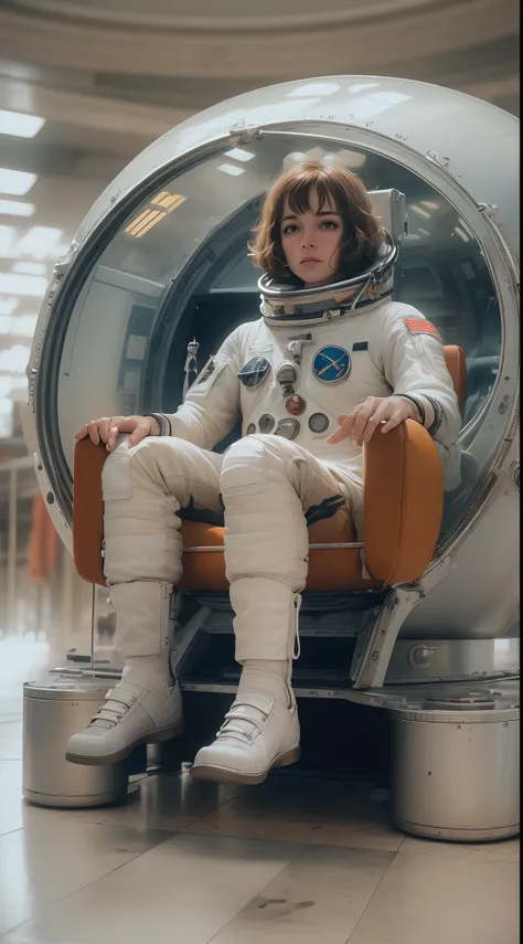 ((Best quality)), ((Masterpiece)), ((Realistic)), Color film 35mm 1976, Pulp sci-fi, director：Fred Wilcox, A female astronaut photographed on a Mitchell BNC camera, Sit in a chair with a glass dome overhead, Astronaut helmet,analog photograph, author：Stanl...