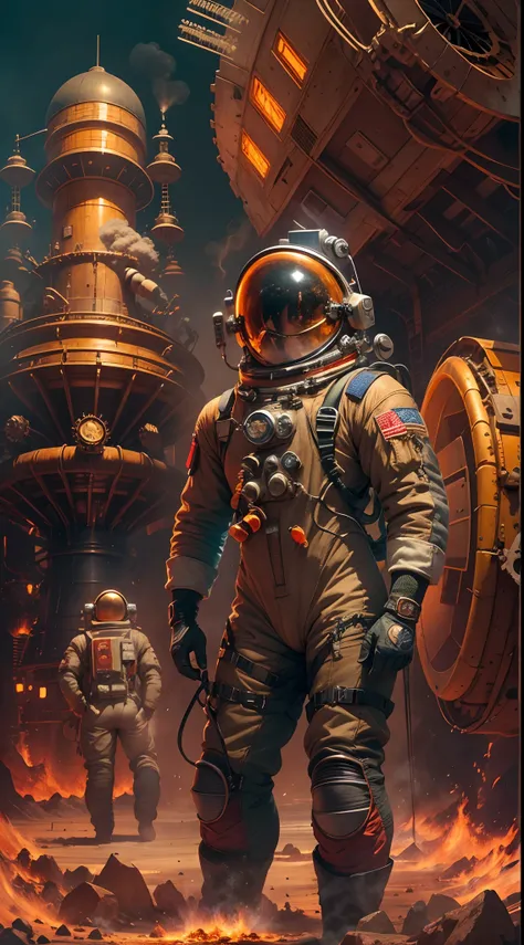 A year, (Vintage astronauts)Explore steampunk-style spaceships, Surrounded by gears, Brass tube, and steam vents, with dynamism, Saturated colors, Dramatic lighting, And the feeling of adventure and exploration. (Best quality, 4K, A high resolution), (Ultr...