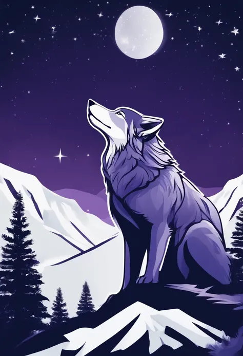 A logo, made in a style like it was hand made drawing, use the colors purple, dark blue, ciano blue and a white line simple contour. The logo is a wolf on top of the clif of a mountain, make only the top of the mountain. The wolf is lookin at tree stars cl...