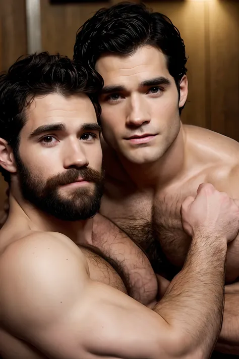 Darren Criss and Henry Cavill, beard, flexing their arms, naked and hairy and sweaty, smiling calmly