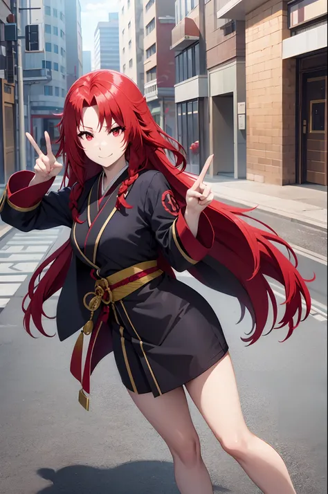 red eyes,red hair,horse stance,kimono,split legs,from bellow,embarrased,blush,cracked smile,v sign,peace sign,