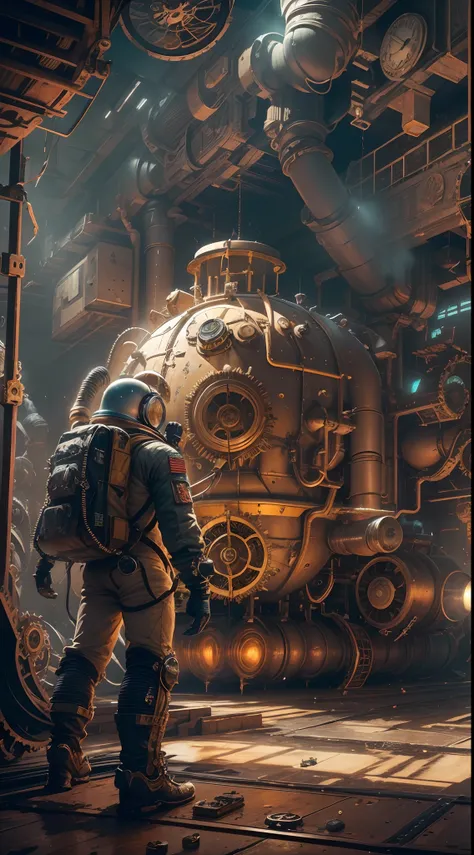 One year, The astronaut，Explore steampunk-style spaceships, Surrounded by gears, Brass tube, and steam vents, with dynamism, Saturated colors, Dramatic lighting, There is also a sense of adventure and exploration. (Best quality, 4K, A high resolution), (Ul...