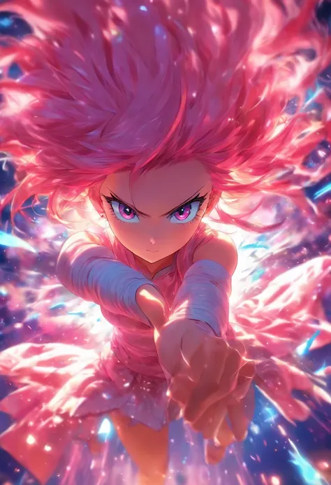 foreshortening,  profundidade de campo, master part, best quality, 1girl, pink hair, olhos vermelhos azulado,  cabelos medios, flutuando,raios vermelhos, sozinho, Olhando para o Viewer,vestido rosa, voando,  luz solar fraca,