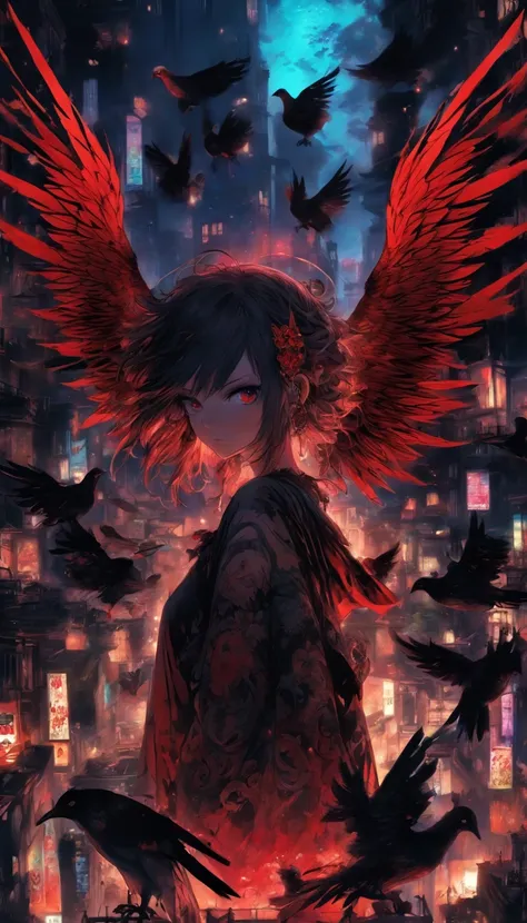 Girl with wings and red tattoo, Dark Black and Light Black Styles, Anime Art, 32K Ultra HDTV, Gothic grotesque characters, Multi-layer dimensions, Hestercore, Pigeons can