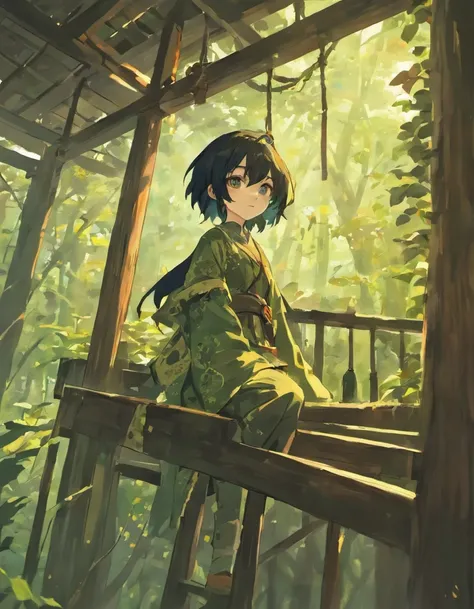 Talking crow in a tree house, com a figura de um menino rockeiro o tocando, perto de uma rede