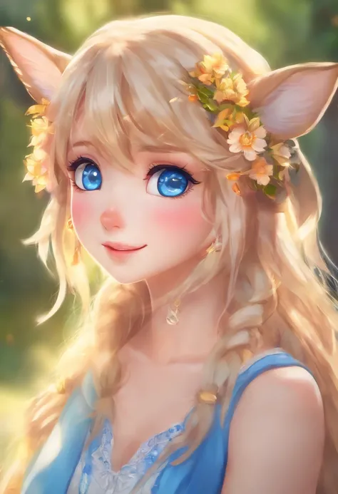 masterpiece, best quality, intricate, (photorealistic:1.5), (add_detail:1), solo cute female anthro deer fawn woman, soft fluffy textured fur, (((large round expressive blue eyes), (long wavy hair))), , medium breasts, wide hips, looking at viewer, detaile...