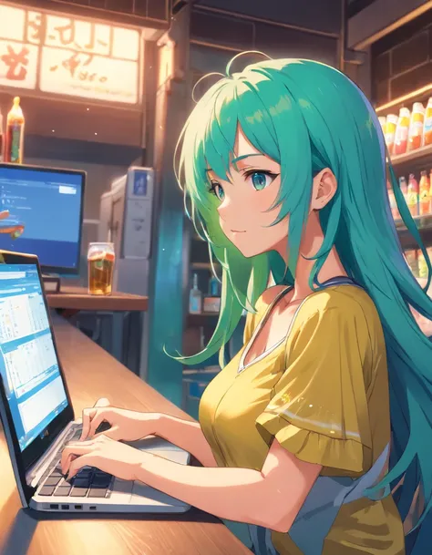 tanned girl with greenish blue hair with big breasts wearing an open blouse sitting working on the laptop while drinking an energy drink