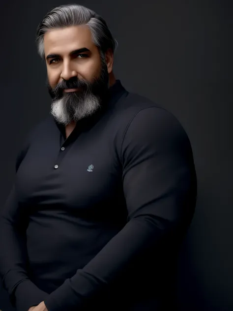 um senhor incrivelmente bonito e quente de 56 anos com cabelos castanhos escuros curtos e olhos castanhos, angular jaw, face da caixa, barba branca de restolho, Alto e magro, vestindo uma camisa casual. dark gray background and studio lighting, Yearbook po...