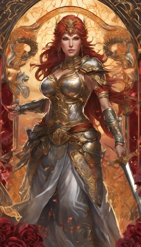 Tall muscled defined woman, detailed armor, red and gold engraved leather armor, intricate designs on the armor, intricate armor engravings, imposing and powerful stance, fierce expression, red wild mane braided hair, dynamic pose, intense battle scene, fa...