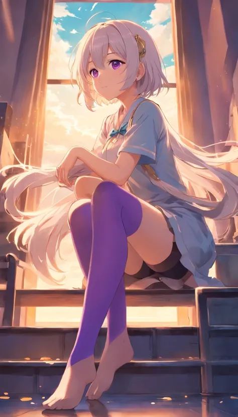 best qualtiy， tmasterpiece， 超高分辨率， realisticlying， 1 girl， long  white hair，Heterochromic pupils，Long legs，Princess set，head looking up，cheerfulness，Purple stockings，chies，stately，wide angles